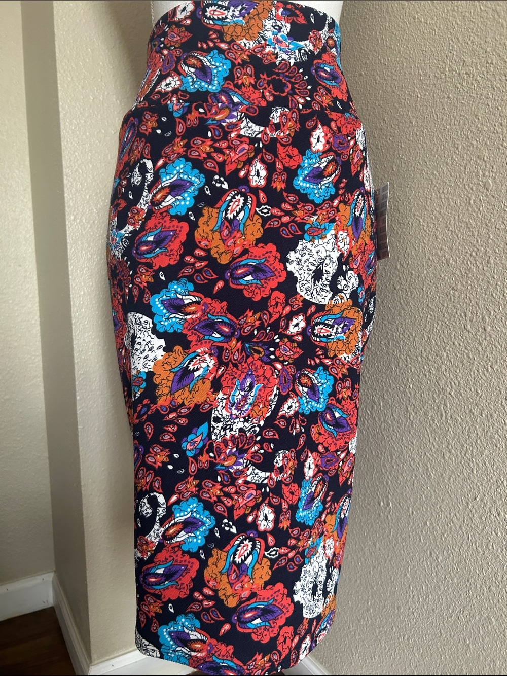 LuLaRoe Navy Pencil Skirt with Multicolor Paisley